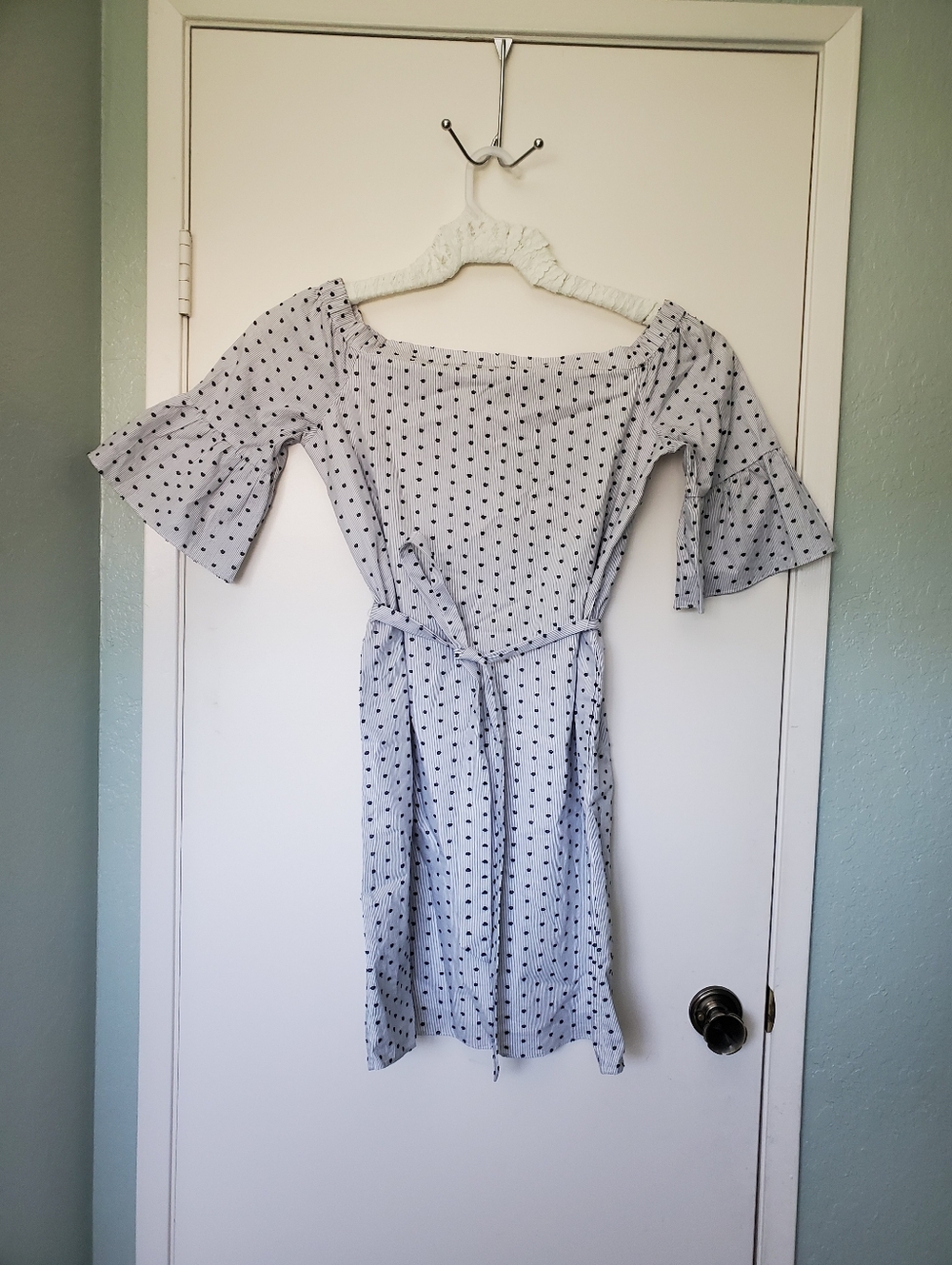 Banana Republic Woman's Fit and Flare Off-Shoulder Neck Mini Dress Polka Dot S